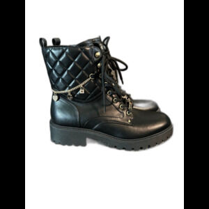 GBG Los Angeles Black Leather Combat Biker Boots Gold Charms Chain Womens  11